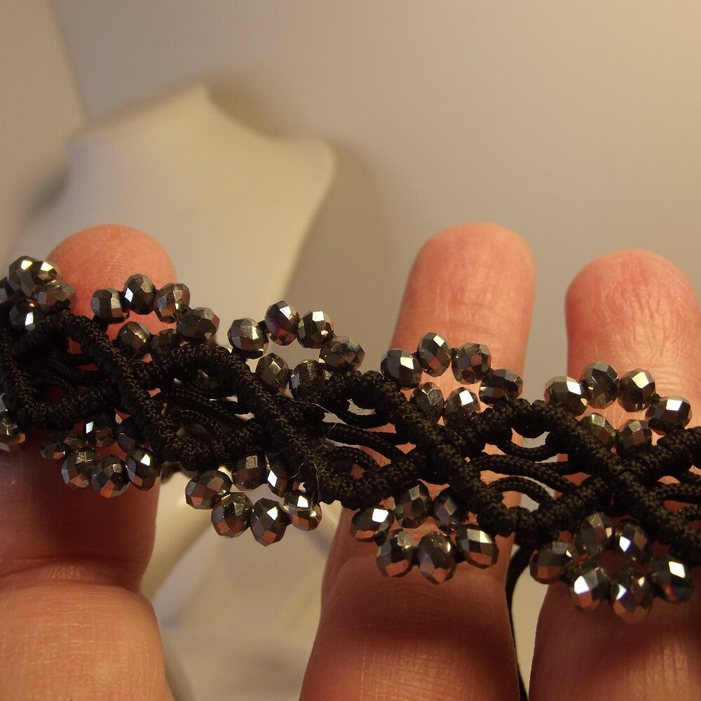 Macrame Bracelet Black with Iridescent Silver Bead Detail